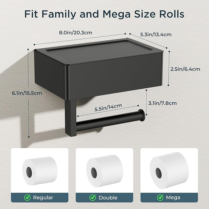 FORIOUS Toilet Paper Holder with Shelf, Wall-Mounted Modern Wipes Dispenser | Matte Black | Toilet Paper Holder with Storage | Flushable Wipes Dispenser for Bathroom | Sanitary Napkin Tampon Holder
