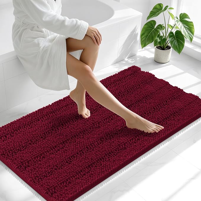 Smiry Thick Chenille Bathroom Runner Rugs 59x20, Soft Bath Mat, Burgundy | Quick‑Dry & Machine Washable, Non‑Slip Bath Carpet, Striped Bath Rugs for Tub & Shower, Modern Home Decor Accessories