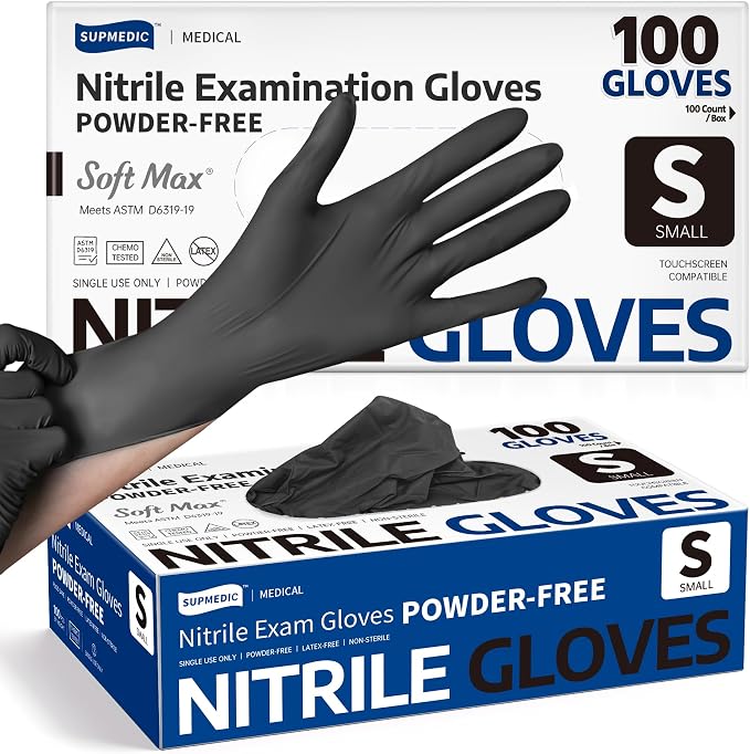 Soft Max Disposable Nitrile Exam Gloves, Powder-Free Black 100 Ct | Soft Max™ Disposable Nitrile Exam Gloves Latex-Free Powder-Free Medical Food Safe Cooking Cleaning, 100 Ct Black