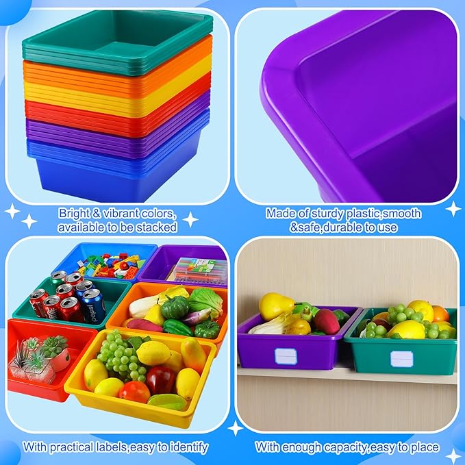 24 Pack Classroom Cubby Storage Bins Plastic Stackable Storage Bins with Labels Cubby Organizer Containers for Classroom School Toy Book Organization(14 x 10 x 3 Inch,Colorful)
