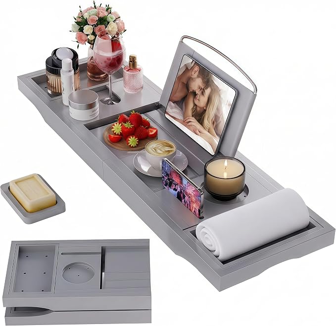 Foldable Bathtub Tray Caddy with Soap Dish Adjustable 29.5-43'' Grey | Bamboo Bath Table Trays with Non-slip Pads, Wine Glass Holder, Adjustable Tablet Book Stand, Spa Bath Essentials Organizer