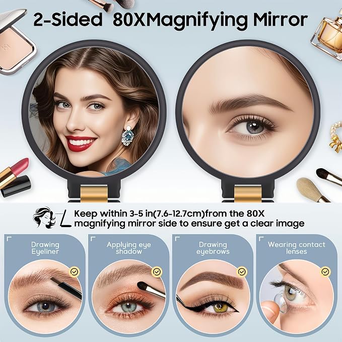 80X Magnification Vanity Mirror, 360° Adjustable Handle, Foldable Double-Sided Mirror, Handheld/Wall-Mounted/Desk-Mounted, Suitable for Makeup, Eyebrow Grooming, Portable Beauty Tool (Black)