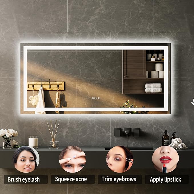 Large LED Bathroom Mirror 60x36 Inch - Frontlit & Backlit Frameless Wall Vanity Mirror with Stepless Dimming, Adjustable Color Temp, Anti-Fog Defogger, Smart Memory & 3X Suction Mirror, Sha