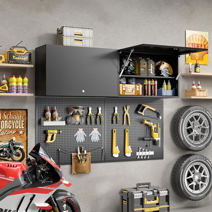Garage Wall Cabinet, Metal Tool Cabinet with Lock&Adjustable Shelf | 20"H Wall Mounted Garage Storage Cabinets with Up-Flip Door, Black Steel Floating Locker for Basement, Workshop, Kitchen
