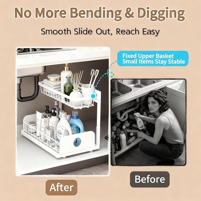 Under Sink Organizer, 2 Pack Under Kitchen Cabinet Organizer, Height Adjustable Pull Out Mute Slide-Out 2 Tier Metal Under Sink Storage for Bathroom, Pantry, Kitchen & Bedroom (White, 2 Pack)