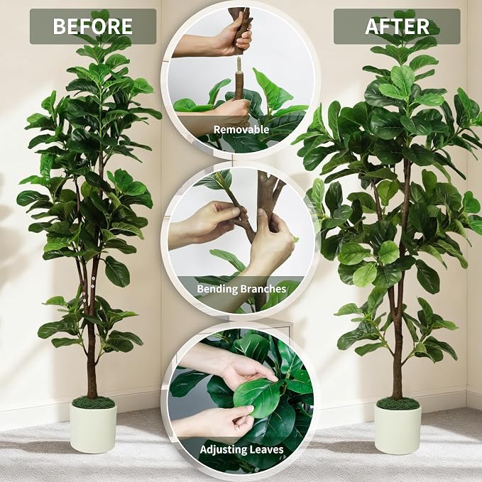 7FT Artificial Fiddle Leaf Fig Tree with White Planter & Fake Moss, Realistic Faux Ficus Lyrata Floor Plant for Indoor Home Office Decor, Housewarming Gift