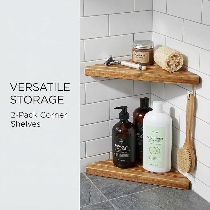 Wooden Corner Shower Shelf Triangular Corner Shelf Wooden Bathroom Shelf for Tiled Wall, 2 Pack Shower Corner Shelf, No Drilling Requied