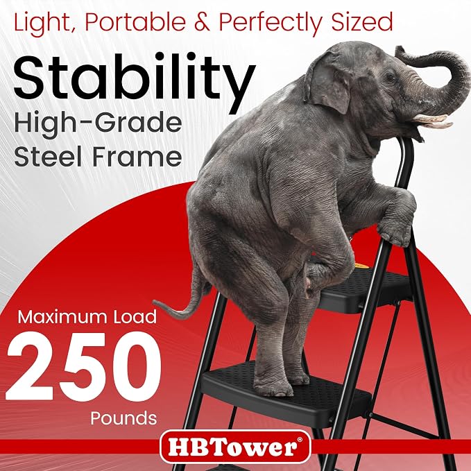 HBtower Step Ladder Sturdy, Heavy Duty Step Stool for Adults | Wide Anti-Slip Pedal Step Ladder Folding Step Stool for Home and Kitchen, Garage, Outdoor