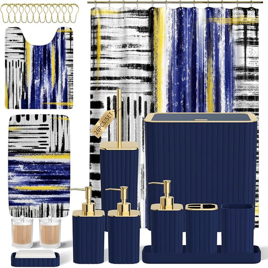 Bathroom Set - Bathroom Accessory Set, Navy Blue Bathroom Set, 26PC Bathroom Sets with Shower Curtain and Rugs, Toilet Brush, Trash Can, Qtip Holder & Bathroom Soap Dispenser Set