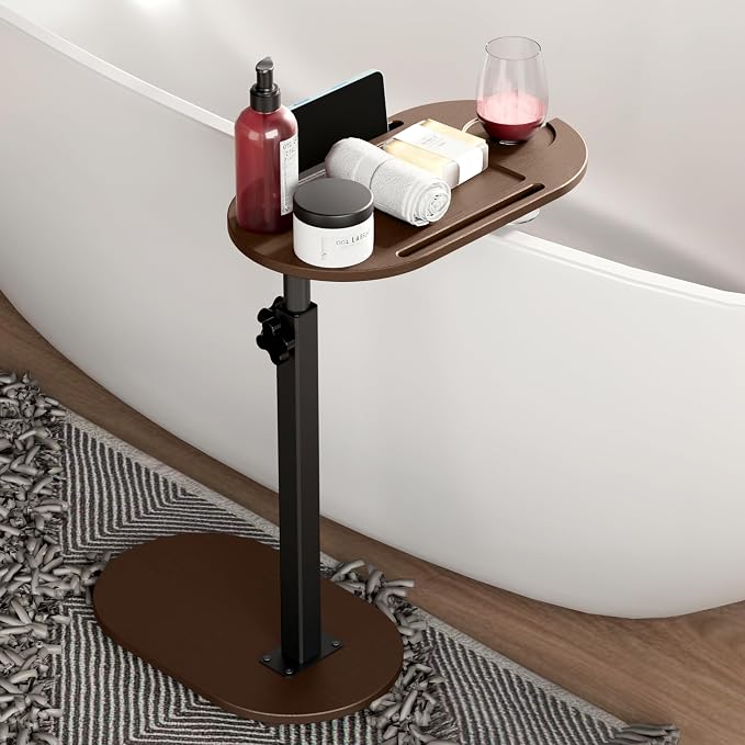 Bamboo Bathtub Tray Table with Adjustable Height and Freestanding | Bath Table Caddy Side Table for Tub Against Wall, Tub Shelf with Wine Glass Phone Holder - Patent Protected (Brown)