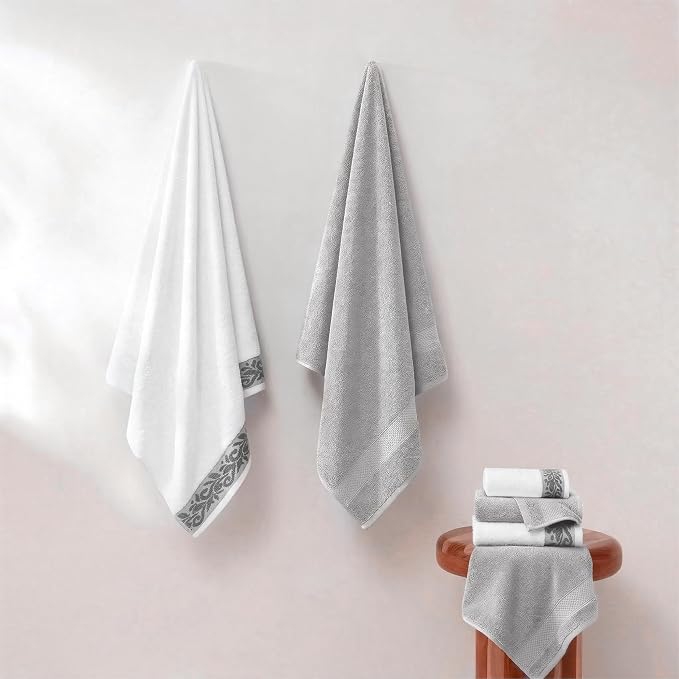Modern Threads 600 GSM 6-Piece Towel Set with Filgree Jacquard Border, Silver