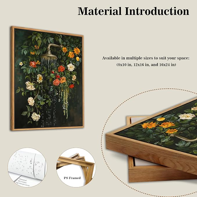 Floating Framed Floral Shower Wall Art, Vintage Botanical Flower Canvas Print, Romantic Garden Roses and Waterfall Painting, Nature Inspired Bathroom Wall Decor for Home Living Room 8x10 inch