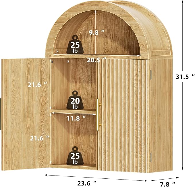 Kalrin Arched Wall Cabinet, Large Wood Bathroom Cabinet Wall Mounted Cupboard, Modern Floating Storage Cabinet with Door Adjustable Shelf, Wood Organizer Light Oak