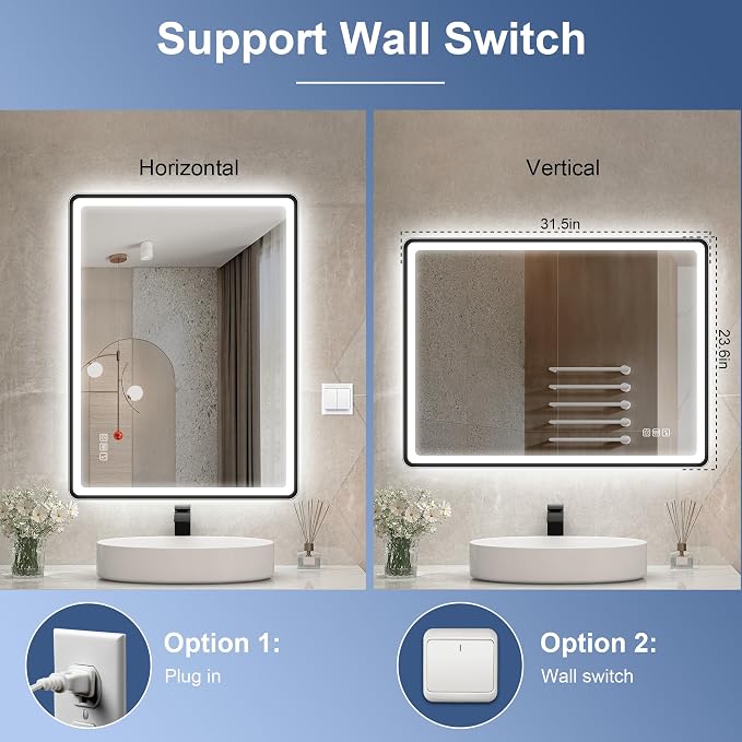 STARLEAD 24"x32" Black Frameless LED Bathroom Mirror with Bluetooth Speaker, 3 Color Temperature, Stepless Dimming, Anti-Fog, Touch Control, Wall-Mounted Vanity Mirror, Vertical or Horizontal
