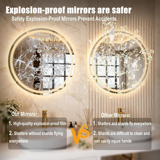 LTFUUAI 28" Round LED Bathroom Mirror with Lights, Front & Back Light | Lighted Bathroom Mirror, Touch 3-Color Stepless Dimming, Wall Mounted, Anti-Fog Shatterproof, UL Listed