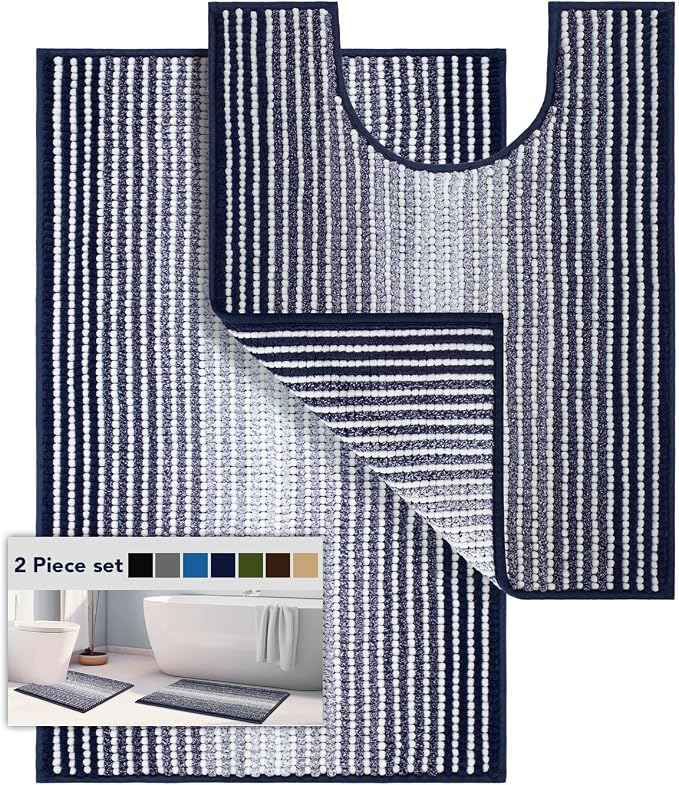 Bathroom Rugs Sets 2 Piece, Toilet Rugs U-Shaped, Contour Bath Mat Set for Toilet Bathroom, Soft Absorbent Chenille Bath Carpet, Quickly Dry, Washable (Navy, 32" x 20" + 24" x 20")