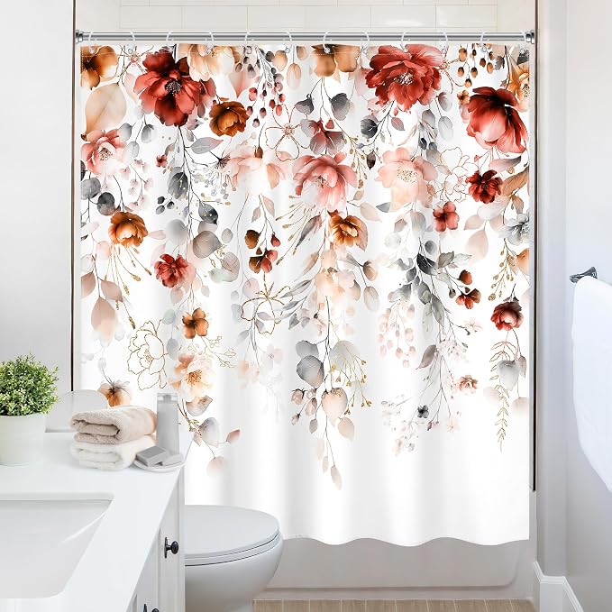 Autumn Fall Floral Red Burgundy Brown Bathroom Shower Curtain Set | 72"W x 72"L Flower Eucalyptus design with waterproof HD artwork, quick-dry fabric and hooks for easy hanging.