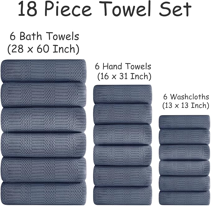 18 Pcs Purple Blue Family Towels Set-6 Bath Sheets,6 Hand Towels,6 Washcloths Soft Polyester Towels Absorbent Shower Towel Quick Dry Beach Chair Towel Lint Less Towels Set for Bathroom Spa Gym Hotel