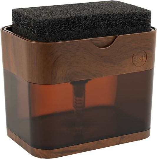 S&T INC. Dish Soap Dispenser and Sponge Holder, Plastic Walnut and Amber | Patented Design, Holds 13 Fluid Ounces, Sponge and Waterproof Labels Included, Non-Slip Feet