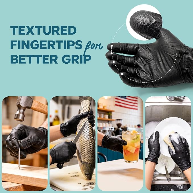 GUSTO Black Nitrile Gloves - Disposable Heavy Duty 6 Mil | Latex-Free, Powder-Free, Textured Fingertips, Food Safe, Flexible Fit, Cooking, Cleaning, Mechanics & Salon
