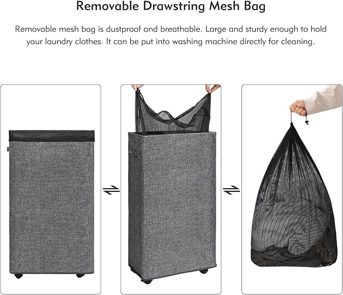 DOKEHOM 29" Enlarged Slim Rolling Laundry Basket Hamper on Wheels, Grey | Collapsible tall laundry hamper with removable mesh wash bag. Foldable narrow corner clothes storage bin for small spaces