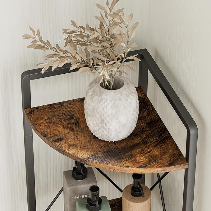5 Tier Corner Shelf Stand, 64" H Tall Corner Bookshelf, Rustic Brown | Industrial Metal Corner Shelf for Living Room Decor, Plant Stand Display Shelf for Bedroom, Bathroom, Small Spaces