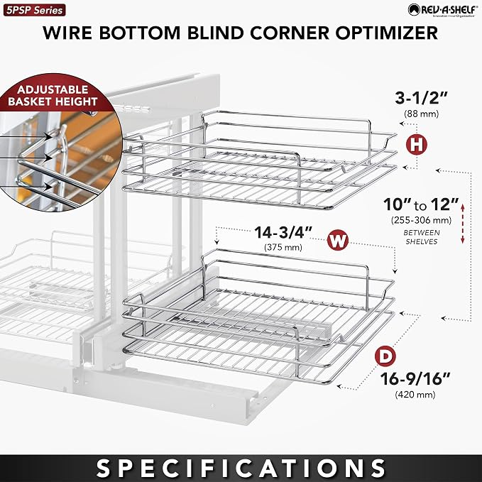 Rev-A-Shelf Dual Pullout Organizer for Cabinets, Min Opening Width of 18" | Two-Tier Adjustable 4-Basket Bottom Storage Shelves for Blind Corner Base Kitchen Cabinets, Heavy Duty Chrome Wire,5PSP-18-CR