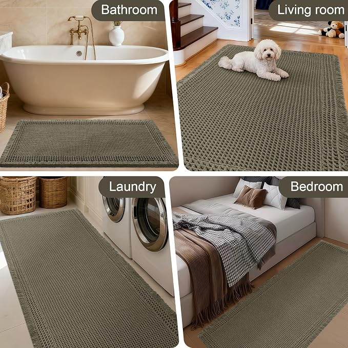 Upgraded Waffle Bath Mat, 32"x20" Greyish Green-Bordered, Super Absorbent Non-Slip Quick Dry Bathroom Rugs with Tassels, Machine Washable Ultra Soft Boho Bath Rugs, Toilet Mats Boho Farmhouse Decor