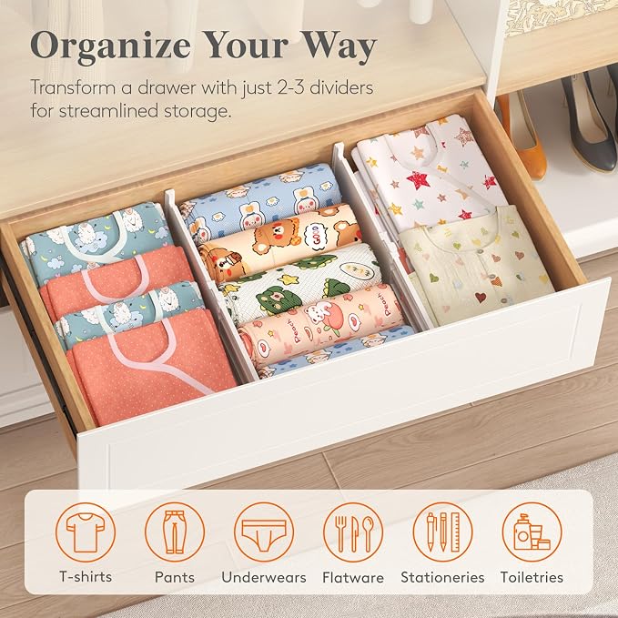 Lifewit 5" Tall Drawer Dividers, Adjustable Deep Drawer Organizer Clothes | 5 Pack 11.5"-18.5" Expandable White Plastic Separators for Dresser, Kitchen, Cabinet, Closet, Office Organization & Storage