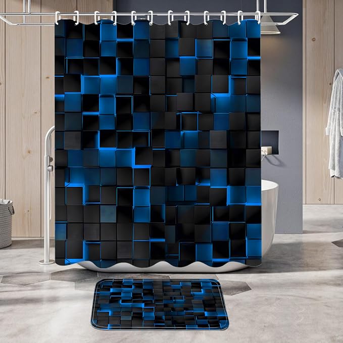 LQCOOL 4Pcs Shower Curtain Set with Rugs, Modern Bathroom Set Black Blue | Waterproof Polyester & Soft Flannel.12 Hooks,Toilet Lid Cover & U-Shaped Mat for Modern Bathrooms/Families