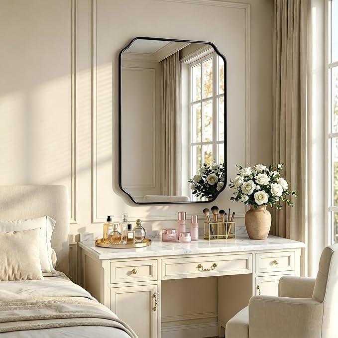 32"x24" Black Wall Bathroom Mirror, Scalloped Edge Vanity Mirror | Hangs Vertically/Horizontally, Wooden Frame Decorative Mirror, For Vanity, Bedroom & Entryway, Aesthetic Bathroom Decor