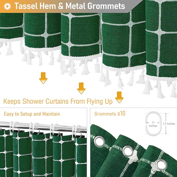 54x78 Boho Linen Heavy Duty Fabric Shower Curtain Set, Emerald Green | Narrow Long Size, 330GSM Linen Blend, 3-side Tassels, Waterproof Cloth, 10 Plastic Hooks, Rustic Bohemian, Machine Washable