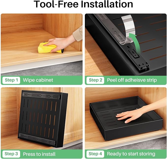 4 Pack Pull out Cabinet Organizer, 21"Deep, Heavy Duty Full-extension Slide out Drawers for Kitchen Cabinet, Roll out Shelf Storage with Nano Adhesive for Pots, Bathroom, Pantry, Home, Black