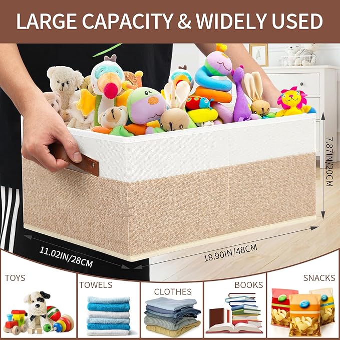Closet Organizer Bins 3 Pack, Large Storage Bins for Shelves | Foldable Closet Storage Boxes Baskets with Leather Handles for Organizing Clothes, Sheets, Jeans, Toys, Books（Begie）
