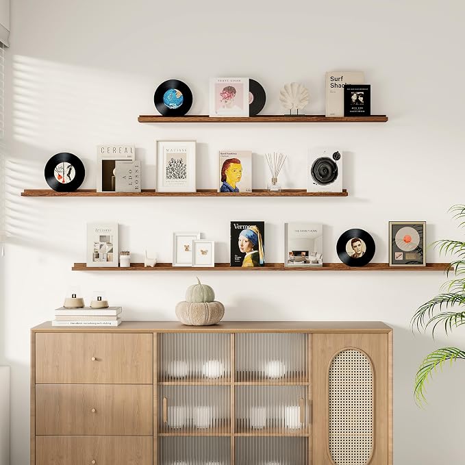 Floating Picture Ledge Shelves for Wall Set of 2, 95 Inches Picture Ledge Shelf with Long Large Nursery Book Shelf for Toys Storage Kids Bookshelf Wall Mounted Living Room Bedroom Decor Frames, Walnut