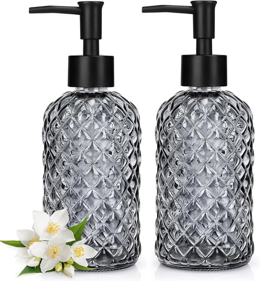 2 Pack Gem Glass Soap Dispenser with Black Plastic Pump, 13oz Liquid Hand Soap Dispenser, Rustproof Pump for Kitchen & Bathroom, Great for Lotions, Essential Oil, Liquid Soaps-Gray