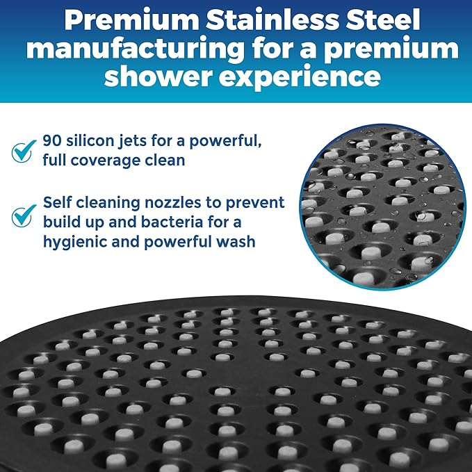 Shower Head - High Pressure 2.5 GPM - Matte Black | Anti-clog silicone nozzles, removable restrictor, easy-clean fixed replacement