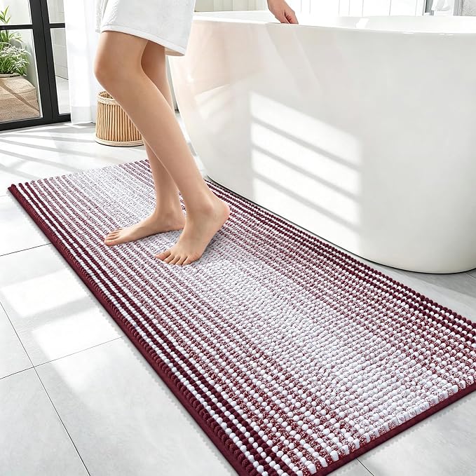 OLANLY Bathroom Runner Rugs 47x17, Chenille Striped Bath Rugs, Burgundy | Extra Soft Absorbent, Rubber Backing, Machine Wash Dry, Bath Mats for Bathroom Floor, Tub and Shower, Home Decor Accessories