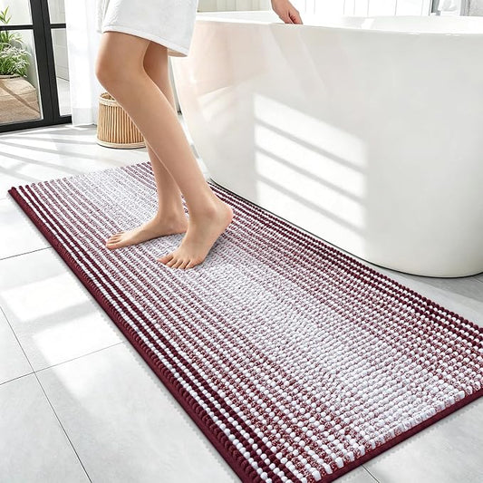 OLANLY Bathroom Runner Rugs 47x17, Chenille Striped Bath Rugs, Burgundy | Extra Soft Absorbent, Rubber Backing, Machine Wash Dry, Bath Mats for Bathroom Floor, Tub and Shower, Home Decor Accessories