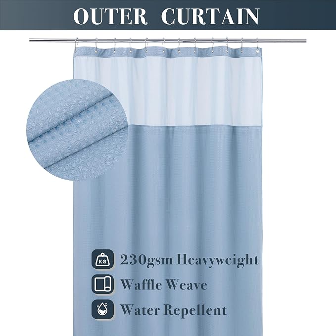 N&Y HOME Waffle Weave Shower Curtain with Snap-in Liner Set Blue, 71x72 | 12 Metal Hooks Included, Snap on/off Fabric Liner, Mesh Window, Washable, Hotel Style Blue Shower Curtain Set for Bathroom