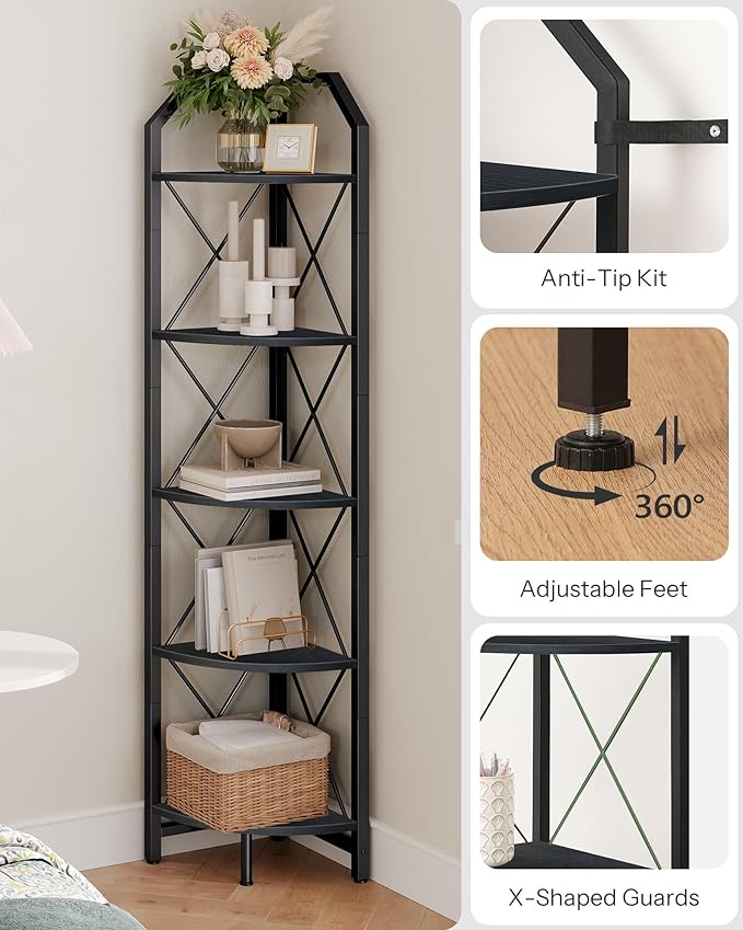 5-Tier Corner Shelf, Industrial Corner Bookshelf, 59.4" Corner Storage Stand, Plant Stand Display Shelf, Corner Bookcase for Bedroom, Living Room, Home Office, Black TCJ10BB