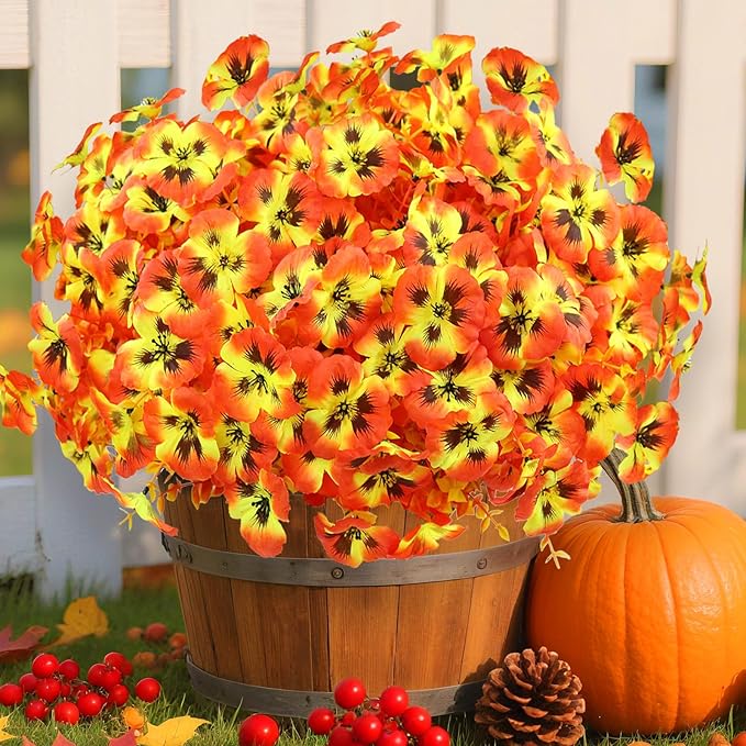 16PCS Artifcial Fall Flowers for Outdoors, No Fade Silk Pansies | Realistic Sunset Autumn Artificial Flowers, Porch Yard Fall Decor, Thanksgiving & Harvest Home Decorations
