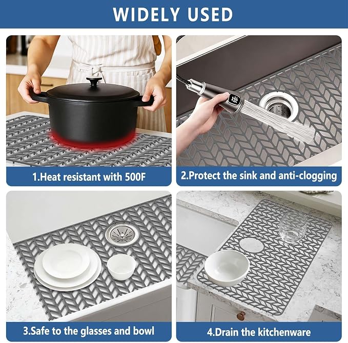 AWOKE Large Silicone Sink Protectors for Kitchen Sink, 30" x 16" Rear Drain Hole, Sink Mat for Bottom of Farmhouse Kitchen Stainless Steel Sinks, Raised Feet/Heat Resistant/Non-slip (Gray)