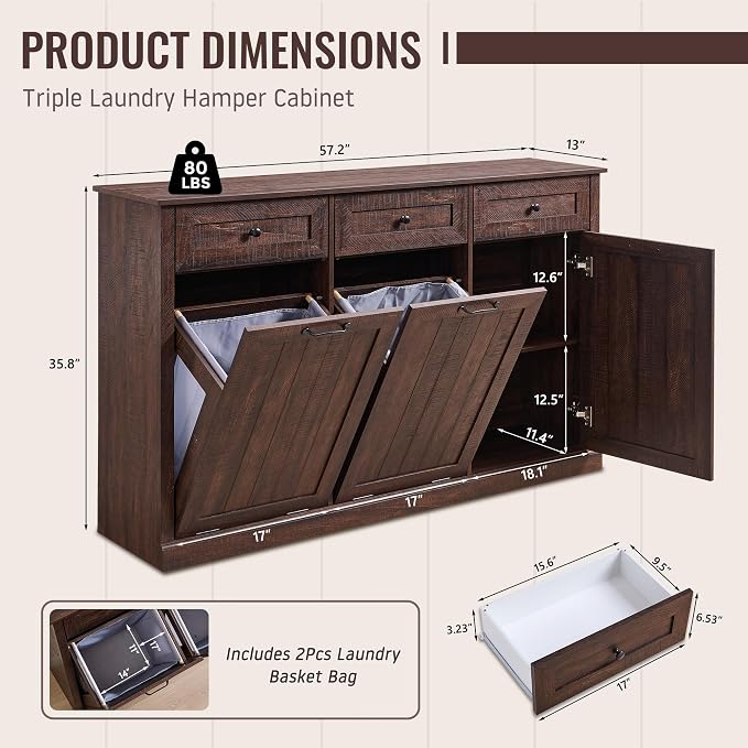 IFBUY Triple Tilt Out Laundry Hamper Cabinet, Trash Cabinet, Brown | 20 Gallon Farmhouse Trash Can Cabinet w/Drawers & Adjustable Shelf, Hidden Garbage Can Cabinets w/Laundry Basket for Bathroom