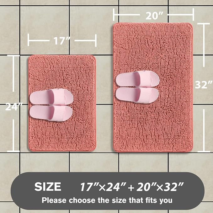 Coral Bathroom Rugs Sets 2 Piece – Absorbent and Washable Bath Mat, Non-Slip, Thick Soft Chenille Bath Rugs for Bathroom, Shower, Sink - 17" x 24"+20" x 32"
