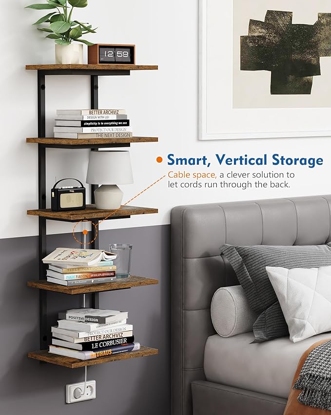 Harwaya 5 Tier Wall Bookshelf Unit for Bedroom Books, Large Floating Book Shelves Wall Mounted, Rustic Wood Lack Tiered Hanging Shelf for Kitchen Office Living Room Corner (Dark Brown)