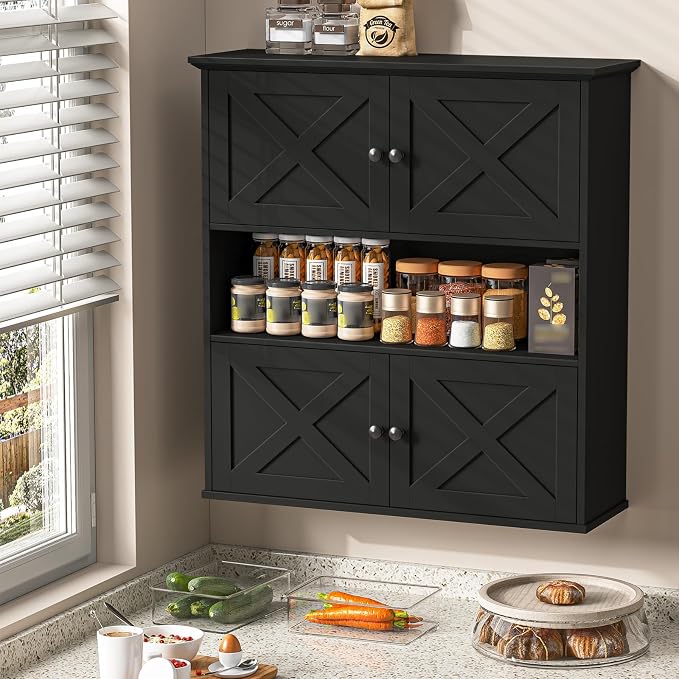 Vabches Bathroom Wall Cabinet, Farmhouse Medicine Cabinet with 4 Barn Doors, Large Wooden Vintage Storage Cabinet Wall Mounted for Bathroom, Kitchen, Black