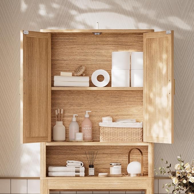 Over the Toilet Storage Cabinet, Bathroom Storage Cabinet with Rattan Doors, Bathroom Cabinet Over Toilet with Adjustable Shelf, Tall Freestanding Over Toilet Bathroom Organizer, Boho Natural Style