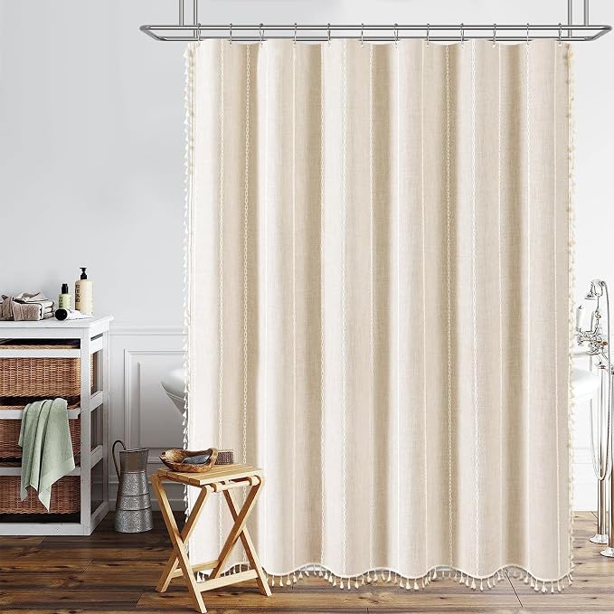 72x96 Extra Long Boho Linen Heavy Duty Shower Curtain Set, Cream/Beige | Extra Tall Size, 330GSM Linen Blend, Water Repellent, Vintage Striped Fabric, 12 Hooks, Rustic Country, Machine Washable