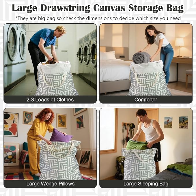 Canvas Laundry Bag with Handles & Drawstring 30"Wx35"H, L+ Geometry Gray | Thick Canvas Storage Bag, Large Heavy Duty Washable Dirty Clothes Travel Sack, for Camp, College Dorm, Laundromat, 1 Pack